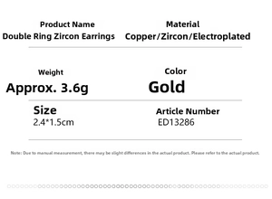 Detailed specs for double-loop gold zircon earrings, size 2.4x1.5cm, weight 3.6g