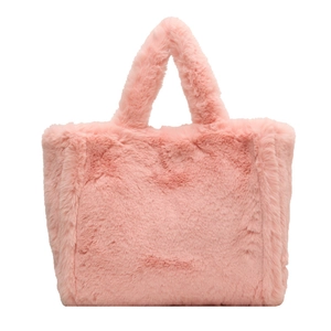 Pink plush faux fur tote bag with large capacity and soft handles for autumn winter
