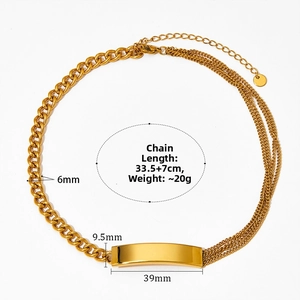 Polished gold rectangular plate on layered stainless steel necklace with size annotations