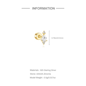 Détails d'une boucle d'oreille en argent 925 doré avec zircone et dimensions du produit