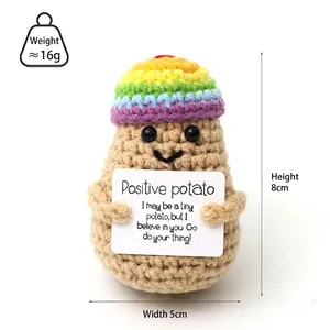 Detailed close-up of handmade crochet positive potato with rainbow hat and card