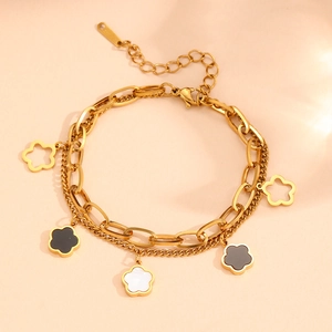 Bracciale a doppio strato in acciaio inossidabile dorato con ciondoli a fiori in smalto