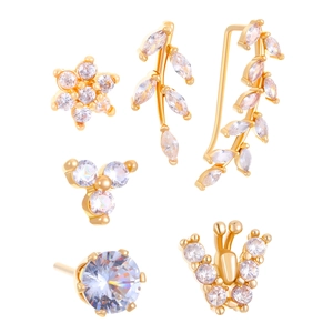 Set of 6 gold ear studs and cuffs with zircon stones for layered piercing look