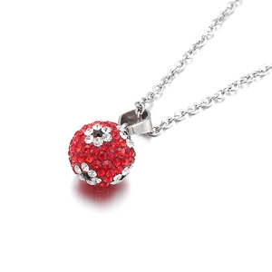 Silver stainless steel necklace featuring a crystal paved ball pendant with red floral patterns