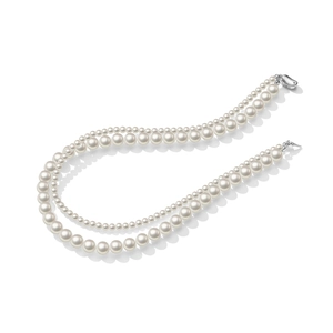 Elegant double-layered white pearl necklace with silver clasp on white background