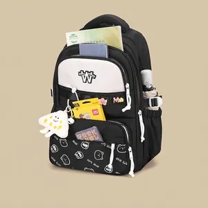 Cute black and white school backpack for girls with cartoon bear and 'W' logo