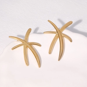 Crossed 18k gold plated stainless steel stud earrings with smooth and textured bands