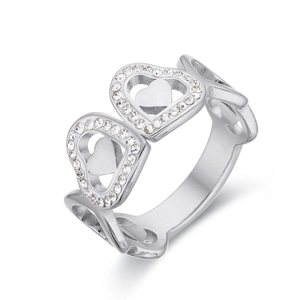 Elegant hollow double heart ring in silver stainless steel with sparkling crystals