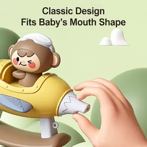 Adorable yellow airplane baby pacifier with monkey pilot and soft silicone nipple