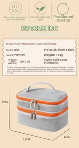 Mesh travel toiletry bag with double layers and orange zippers, 21x12x15cm size