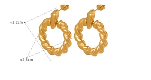 Macro detail of gold twist earrings with dimensions showing 3.2cm height and 2.5cm width