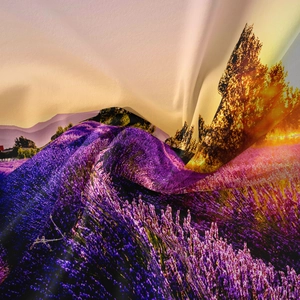 Detail showing the soft fabric texture and lavender field print on the bohemian tapestry