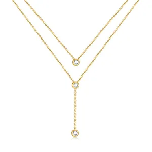 Double Layer Y Necklace Stainless Steel Gold Plated Cubic Zirconia Round Pendant Tassel Minimalist Elegant For Women