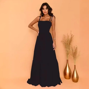 Elegant solid black backless maxi dress with thin straps for women's vintage summer style