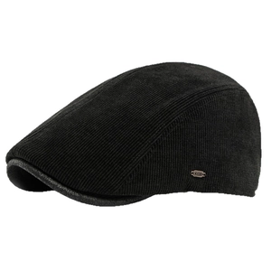 Retro black corduroy newsboy cap for winter featuring a side metal logo plaque