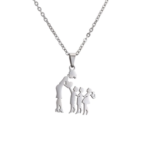 Polished stainless steel necklace featuring a silhouette pendant of a mother with four children