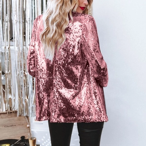 Women's rose gold sequin blazer jacket featuring a long-sleeve casual back view design