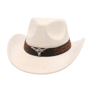 Close-up of the faux leather hat band with silver longhorn bull skull metal ornament