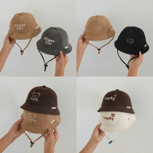 Chapeau Bob Enfant Velours Côtelé Broderie Ours Corde Coupe-vent Réglable Protection Solaire Automne Pour Bébé Garçons Filles
