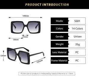 Size chart showing square sunglasses dimensions including frame width and lens height