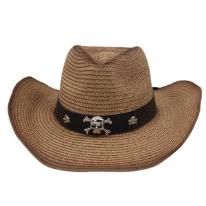 Brown woven Panama straw hat with gothic silver skull leather band for outdoor sun protection