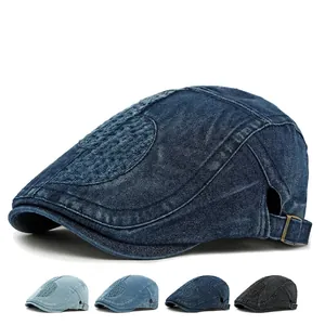 Retro Washed Denim Ivy Cap Vintage Flat Beret With Adjustable Metal Buckle Jacquard Pattern Casual Outdoor Unisex Hat