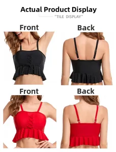 Detail view of tankini top with adjustable straps and front cross lace-up design