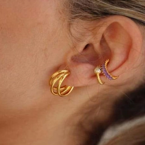 Chic 18k gold plated C-shaped ear cuff set with purple crystals and pearls for women