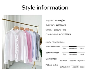 Guide des tailles et infos style pour chemise manches longues femme avec détails