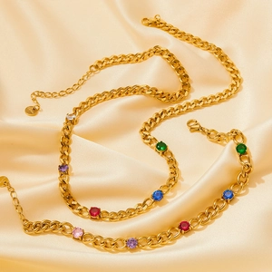 Ensemble collier et bracelet cubains en acier inoxydable avec zircons colorés sur soie