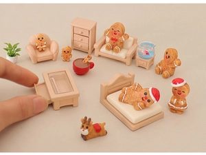 Detailed view of hand opening drawer on miniature wooden coffee table for dollhouse set