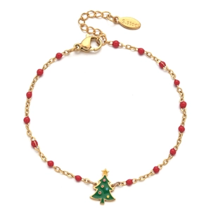 Detail of gold stainless steel Christmas tree charm bracelet with red beads and lobster clasp