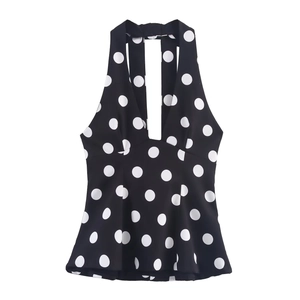 Polka Dot Halter Top Sexy Bow Neck Backless Slim Fit Polyester Crop Cami For Women