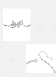 Macro detail of S925 sterling silver butterfly bracelet with blue opal stones and lobster clasp
