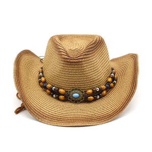 Classic western straw cowboy hat with beaded band and turquoise stone for sun protection