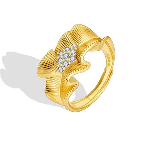 925 Sterling Silver Zirconia Adjustable Open Ring For Women Luxury Pleated Satin Skirt Edge Design Elegant Finger Jewelry