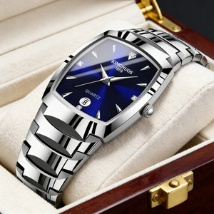 Men Quartz Watch Stainless Steel Band Waterproof Luminous Calendar Date Rhinestone Casual Business Barrel Shape Wristwatch