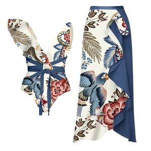 Three-piece bikini set with ruffle shoulder top and bird print sarong wrap skirt