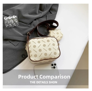 Minimalist beige camera bag set with floral print and adjustable wide shoulder strap