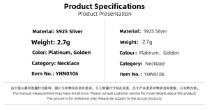 Spécifications du collier rose en argent S925, poids 2,7g en finitions platine et doré