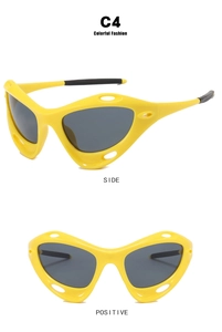 Front and side views of sports Y2K sunglasses with yellow frame and grey polarized lenses