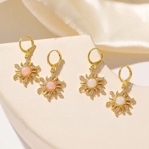 Retro golden sun drop earrings with opal center stones and shimmering micro-set zircons
