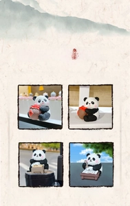Close-up of resin panda figurines in traditional poses for car and desktop decor