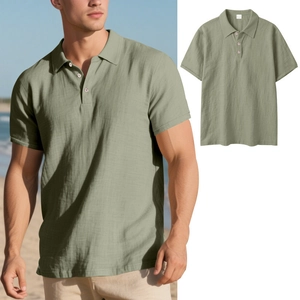 Detailed fabric texture of men's sage green linen polo shirt with three-button collar design