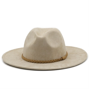 Classic beige faux suede fedora hat with a brown woven band for men and women