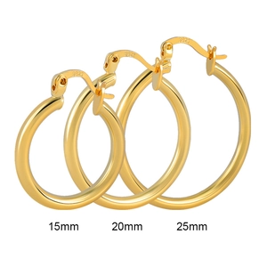 Tre paia di orecchini a cerchio dorati in argento S925, misure 15mm, 20mm e 25mm