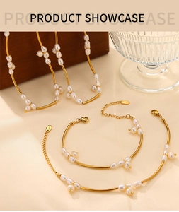 Detailed view of luxury freshwater pearl and gold titanium steel necklace jewelry set