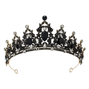 Baroque gold alloy bridal crown with black and white rhinestones on white background