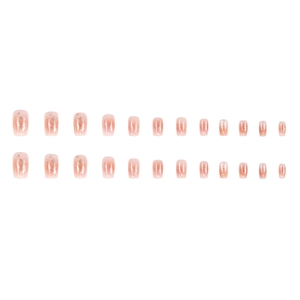Pink gradient press-on nails with white marble pattern and gold foil accents 24pcs set