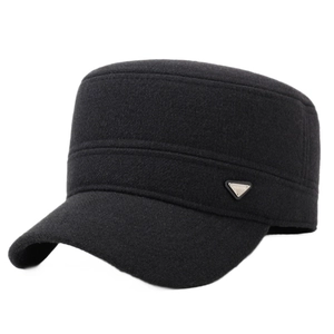 Men's winter flat top hat in black wool with ear flaps and silver metal fashion badge